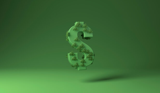 Dollar sign covered with green plants against green background