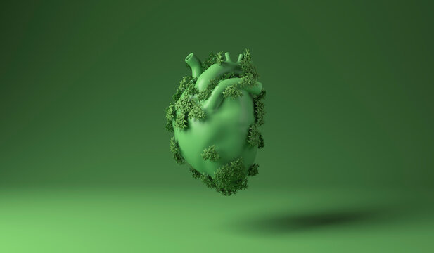 Heart covered with green plants against green background