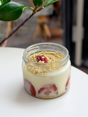 Strawberry magnolia dessert. Magnolia dessert on dark background. World cuisine delicacies. close up