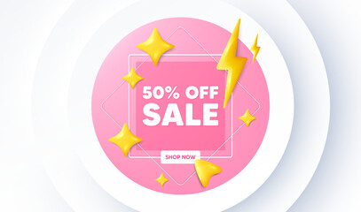 Sale 50 percent off discount. Neumorphic promotion banner. Promotion price offer sign. Retail badge symbol. Sale message. 3d stars with energy thunderbolt. Vector