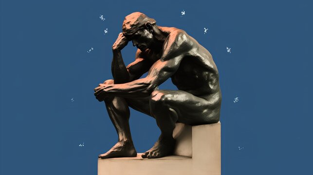 The Thinker sculpture, embodying the concept of philosophy. The representation inspires contemplation and intellectual exploration, signifying profound thought and introspection. Generative AI