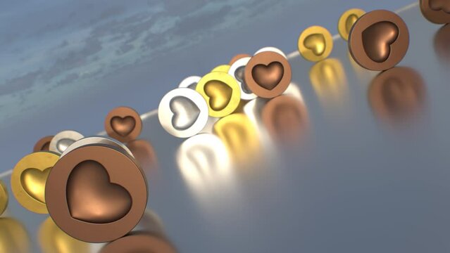Rolling Metallic Silver Gold And Bronze Heart Token Round 3D Coins - 4K Seamless VJ Loop Motion Background Animation
