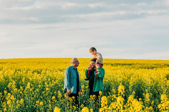 Father carrying son on shoulder next to grandfather in rapeseed field