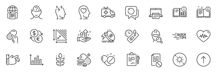 Icons pack as Energy price, Inspect and Analysis graph line icons for app include Manual, Capsule pill, Heartbeat outline thin icon web set. Psychology, Overeating pills. Vector