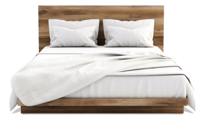 Front view of a wood bed with white sheets 3D illustration. Generative AI. - obrazy, fototapety, plakaty