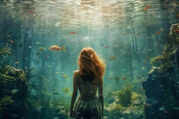 Obraz premium Girl undersea world. Generate AI
