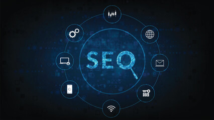 (SEO) Search Engine Optimization. Internet technology for business company. Search engine optimization (SEO) concept on dark blue background.