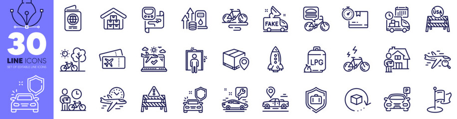 Car place, Car secure and Wholesale goods line icons pack. Passport, Bike courier, E-bike web icon. Warning road, Gas cylinder, Flight time pictogram. Search flight, Food delivery, Bicycle. Vector