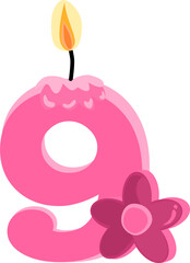 Pink nine 9 number happy birthday candle and flower vector illustration.
