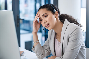 Confused, frustrated and call center with business woman in office for tired, stress or burnout....