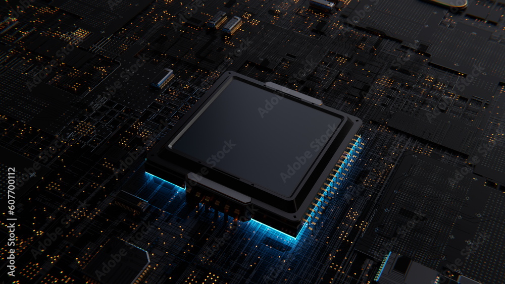 Poster computer chip processor on motherboard glows blue. artificial intelligence graphics chip, mining, di