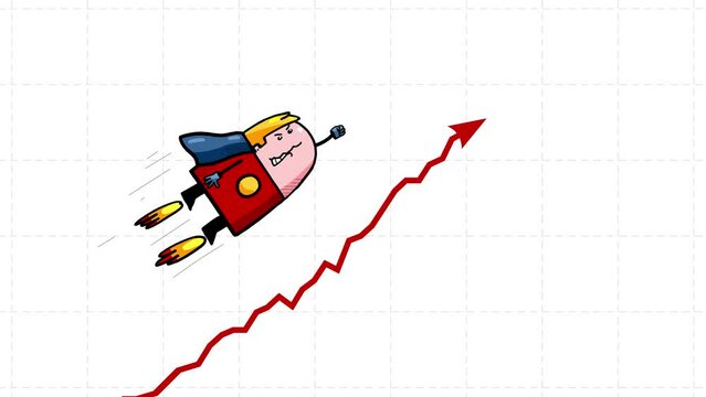 Chart arrow still goes up seamless loop superhero version. Red and white. Graph rising fast. Business cartoon animation. Economy success metaphor.