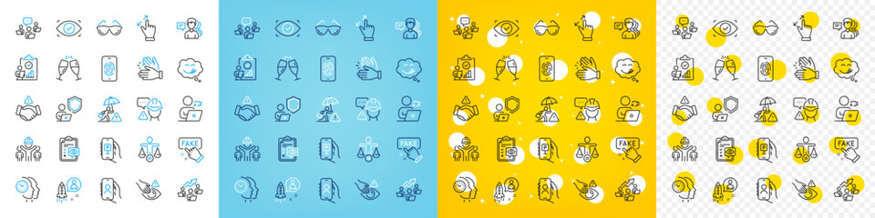 Vector icons set of Yummy smile, Inspect and Teamwork line icons pack for web with Builder warning, Video conference, User call outline icon. Ethics, Clapping hands. Vector