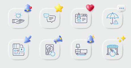 Risk management, Card and Market line icons. Buttons with 3d bell, chat speech, cursor. Pack of Recovery hdd, Dresser, Text message icon. Hold heart, Start business pictogram. Vector