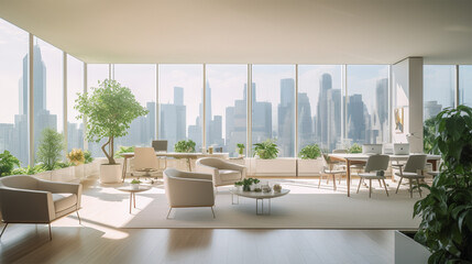 large open area with large windows and lots of work desks, in the style of white, photorealistic representation, new york city subject matter, vray, aluminum