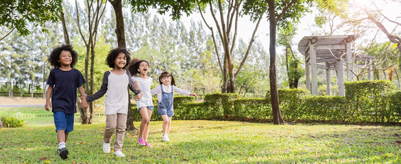 Portrait of children having good time outdoor park, black asian caucasian children student together playground background. Home school education diversity multicultural community. Back to school.