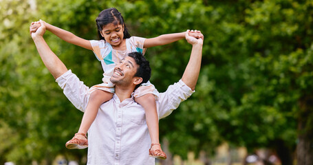 Airplane, love and father with girl in a park happy, playing and having fun together outdoor....