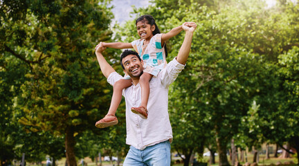 Indian father, daughter and shoulders in park with smile, airplane game or piggyback in nature on holiday. Man, girl and playing together in garden, woods or summer sunshine for happy family vacation - obrazy, fototapety, plakaty