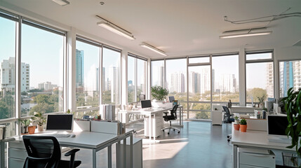 large open area with large windows and lots of work desks, in the style of white, photorealistic representation, new york city subject matter, vray, aluminum