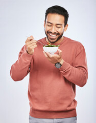 Man is eating salad, healthy food and lose weight with nutrition, detox and vegetables isolated on...