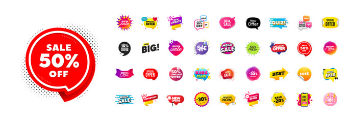 Flash offer sale banners pack. Promo price discount stickers. Special offer 3d speech bubble. Promotion flash coupons. Mega discount deal banners. Sale chat speech bubble. Ad promo message. Vector