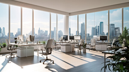 Fototapeta na wymiar large open area with large windows and lots of work desks, in the style of white, photorealistic representation, new york city subject matter, vray, aluminum