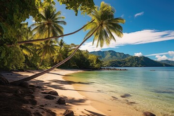 Summer landscape, palm trees and blue calm sea. Generative AI