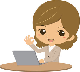 パソコンの前でOKサインをする若いOL