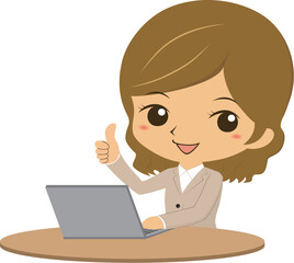 パソコンの前でいいねポーズをする若いOL