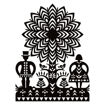 folk art, design, pattern, Poland, Polish, Kurpie, Wycinanki Polish folk art vector pattern with man in hat, woman and birds Kurpiowskie Leluje Wycinanki - Kurpie paper cut outs design in black 