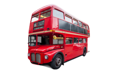 Traditional red bus in London, the UK. Double-decker cut out and isolated on transparent white background