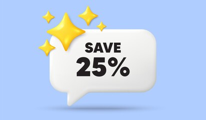 Save 25 percent off tag. 3d speech bubble banner with stars. Sale Discount offer price sign. Special offer symbol. Discount chat speech message. 3d offer talk box. Vector
