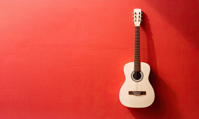 Frontal view of a guitar hanging out of a red background. - obrazy, fototapety, plakaty