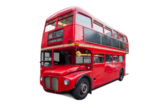 Traditional red bus in London, the UK. Double-decker cut out and isolated on transparent white background