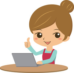 パソコンの前でいいねポーズをする若い主婦