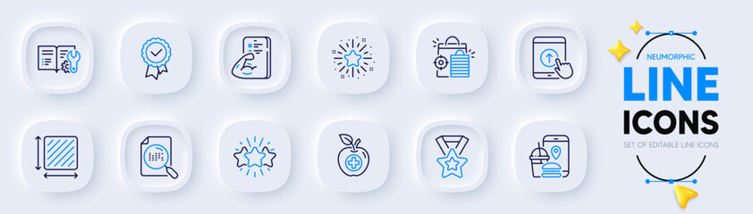 Food app, Square area and Star line icons for web app. Pack of Twinkle star, Search file, Engineering documentation pictogram icons. Medical food, Fitness, Winner ribbon signs. Vector
