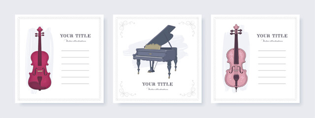 Set of square banner, cover or greeting card template with hand drawn musical instruments. Vector illustration of piano and violin © AM_art
