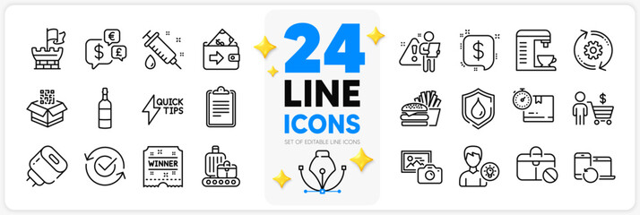 Icons set of Medical syringe, Person idea and Buyer line icons pack for app with Cardboard box, Recovery devices, Qr code thin outline icon. Cogwheel, Brandy bottle, Waterproof pictogram. Vector