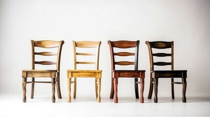 Four classical wooden chairs against white background. generative ai