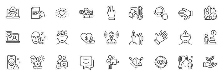 Icons pack as Support, Heart and Fraud line icons for app include Eye target, Friends chat, Yoga outline thin icon web set. Volunteer, Electronic thermometer, Puzzle pictogram. Vector