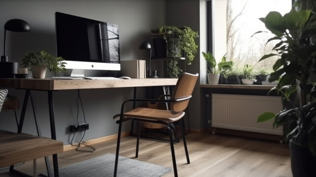 interior modern living room workspace with desk and desktop computer. Generative AI