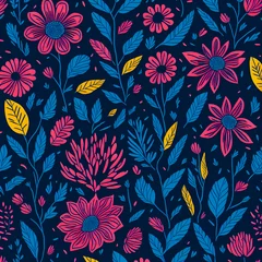 Gardinen A ditsy pattern on a black background with colorful flowers and leaves, created by Generative AI © mina709