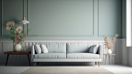 Scandinavian living room interior with design grey sofa. AI Generative