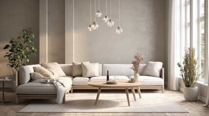Scandinavian living room interior with design grey sofa. AI Generative