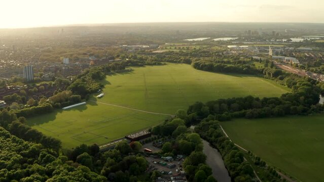 Circling aerial shot around Hackney Marshes East London