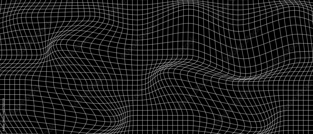 Wall mural distorted white grid on black background. waved mesh texture. fish net with deformation effect. bent