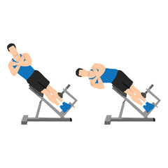 Fototapeta na wymiar Man doing roman chair side bend or hyperextension bench side bends exercise. Flat vector illustration isolated on white background