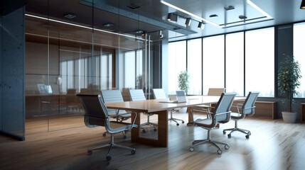 Naklejka na ściany i meble Luxury meeting room with panoramic city view and daylight. generative ai