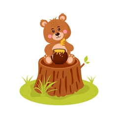 Obraz na płótnie Canvas Cute baby bear with honey pot is sitting on the tree stump. Cartoon forest character.