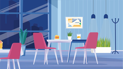 Concept Restaurant. This is a flat, cartoon-style design of a restaurant background, featuring tables, chairs, and a serving counter with food and drinks displayed. Vector illustration.